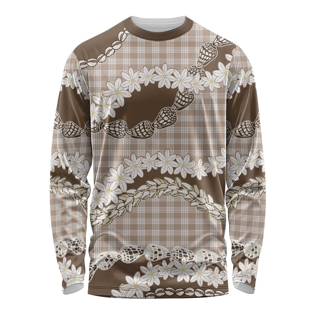 Brown Hawaii Tiare and Shell Lei Long Sleeve Shirt Hawaiian Palaka Luxury Vibes - Polynesian Pride