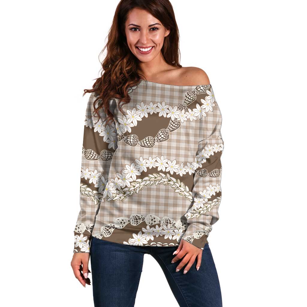 Brown Hawaii Tiare and Shell Lei Off Shoulder Sweater Hawaiian Palaka Luxury Vibes - Polynesian Pride