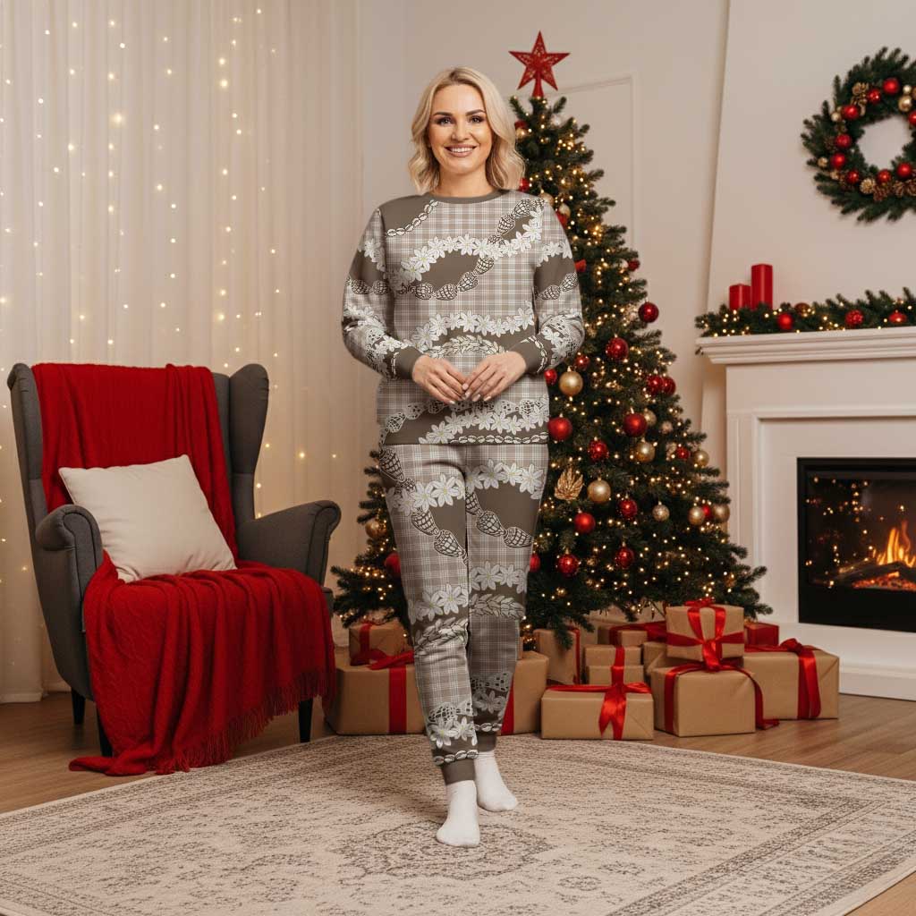 Brown Hawaii Tiare and Shell Lei Christmas Pajama Set Hawaiian Palaka Luxury Vibes - Polynesian Pride