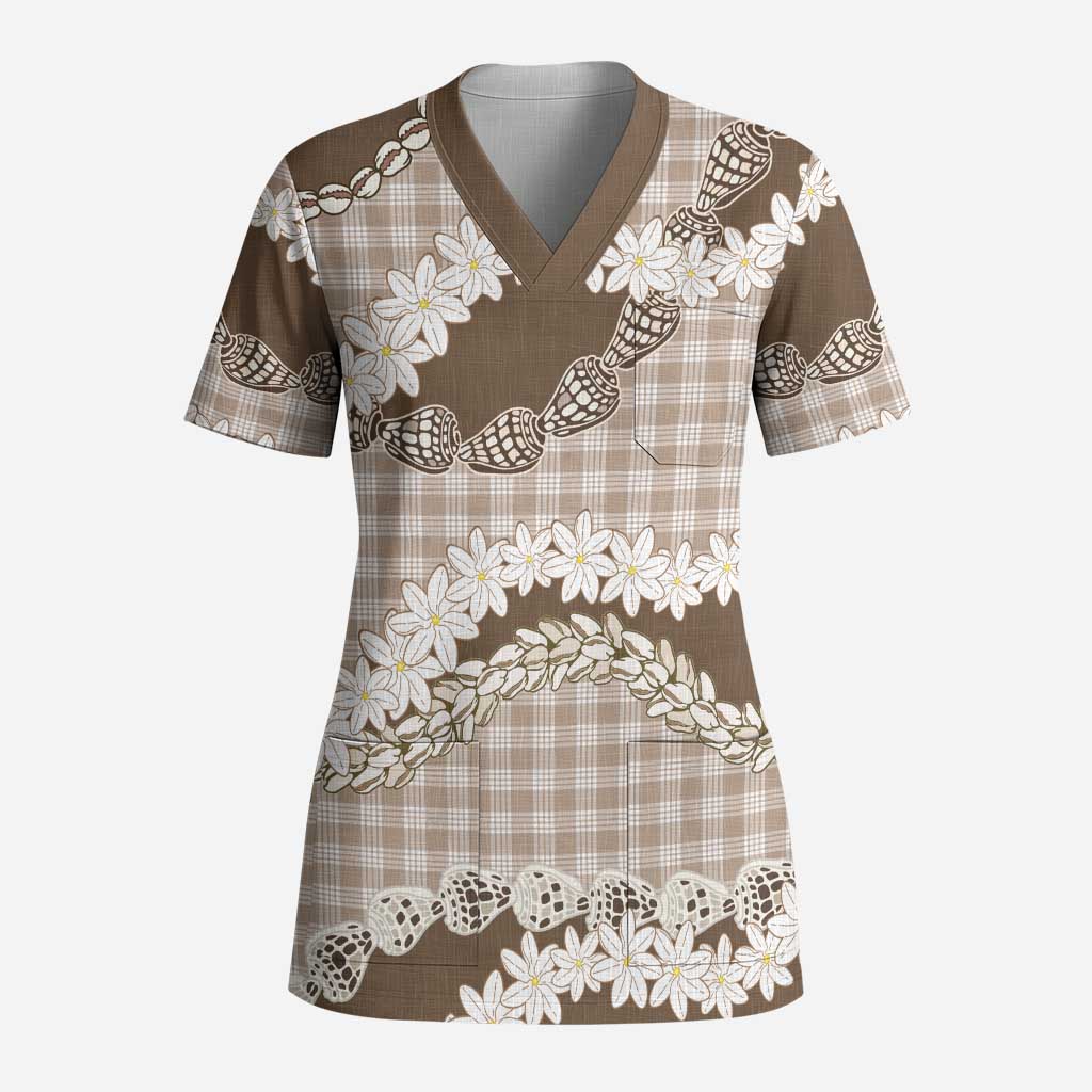 Brown Hawaii Tiare and Shell Lei Scrub Top Hawaiian Palaka Luxury Vibes - Polynesian Pride