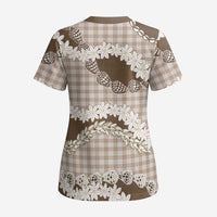 Brown Hawaii Tiare and Shell Lei Scrub Top Hawaiian Palaka Luxury Vibes - Polynesian Pride