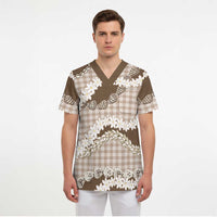 Brown Hawaii Tiare and Shell Lei Scrub Top Hawaiian Palaka Luxury Vibes - Polynesian Pride