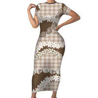 Brown Hawaii Tiare and Shell Lei Short Sleeve Bodycon Dress Hawaiian Palaka Luxury Vibes - Polynesian Pride