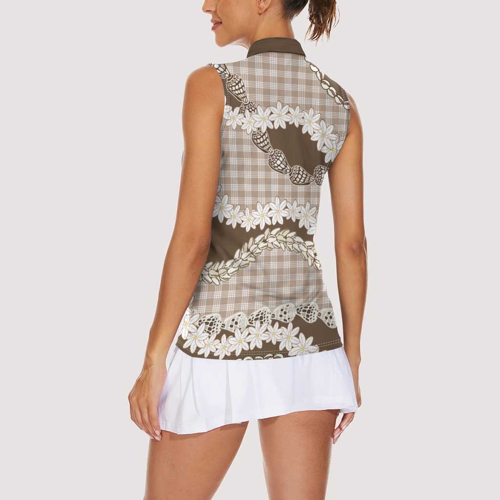 Brown Hawaii Tiare and Shell Lei Women Sleeveless Polo Shirt Hawaiian Palaka Luxury Vibes - Polynesian Pride