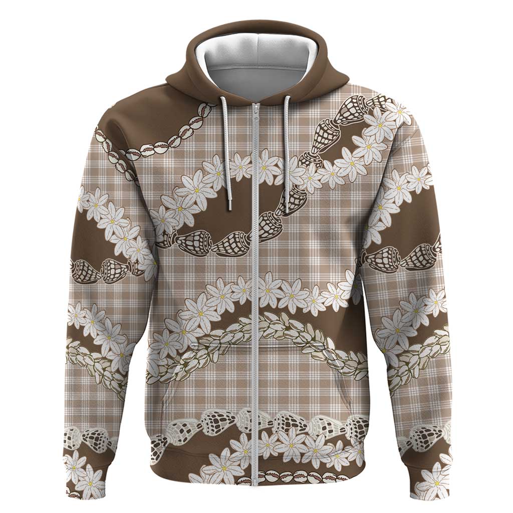 Brown Hawaii Tiare and Shell Lei Zip Hoodie Hawaiian Palaka Luxury Vibes - Polynesian Pride