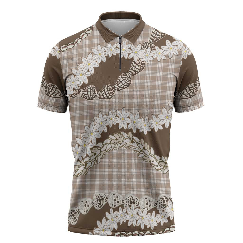 Brown Hawaii Tiare and Shell Lei Zipper Polo Shirt Hawaiian Palaka Luxury Vibes - Polynesian Pride