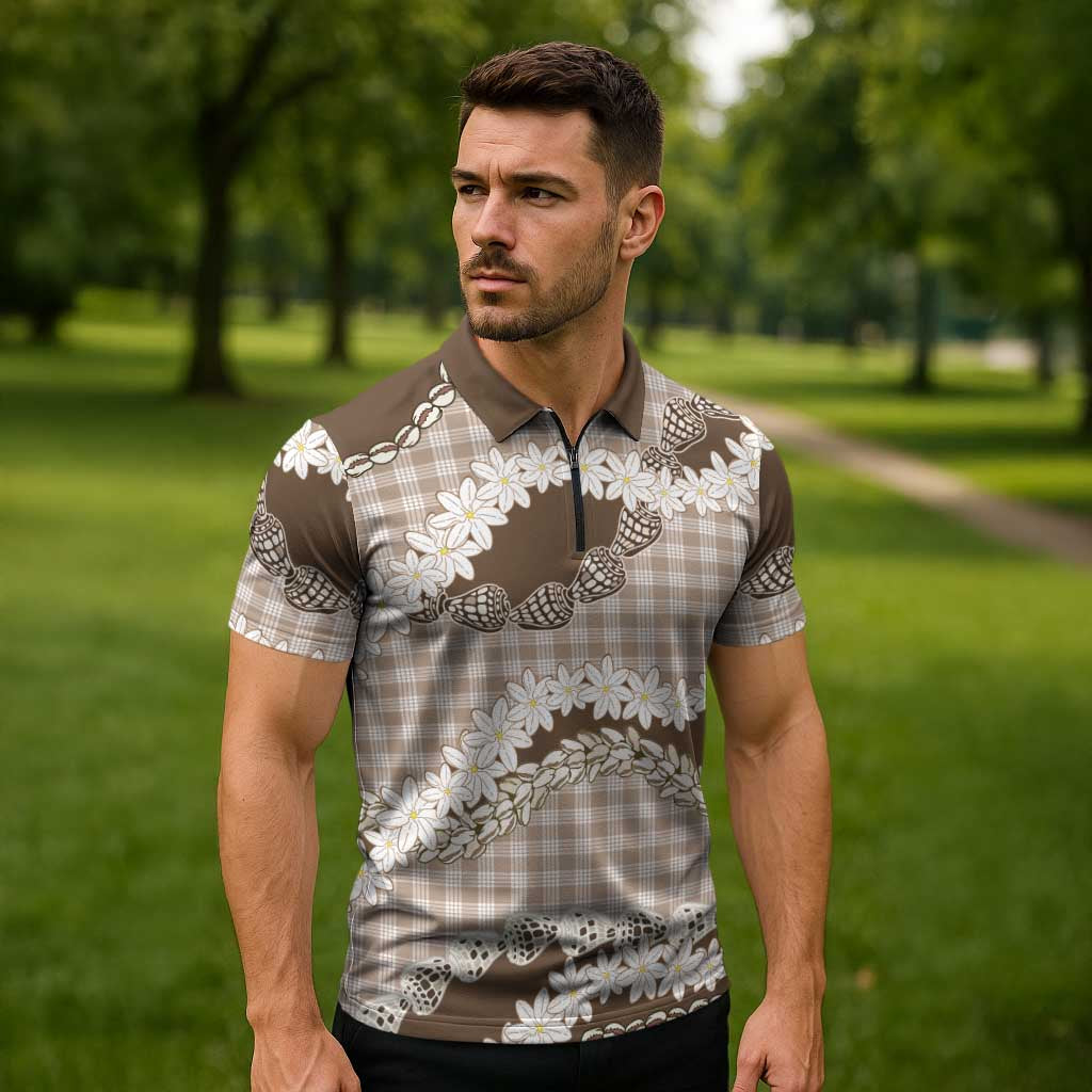 Brown Hawaii Tiare and Shell Lei Zipper Polo Shirt Hawaiian Palaka Luxury Vibes - Polynesian Pride