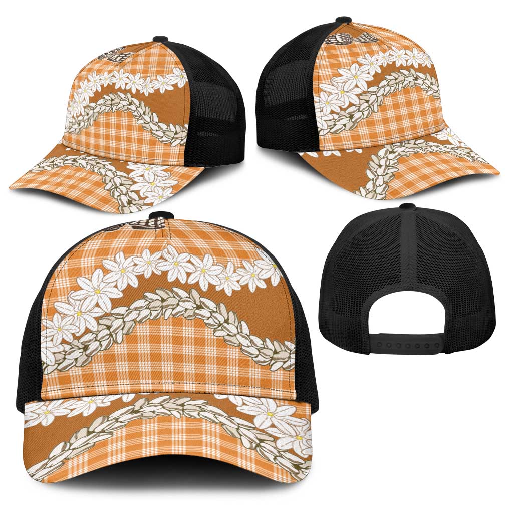 Orange Hawaii Tiare and Shell Lei Baseball Net Cap Hawaiian Palaka Luxury Vibes - Polynesian Pride