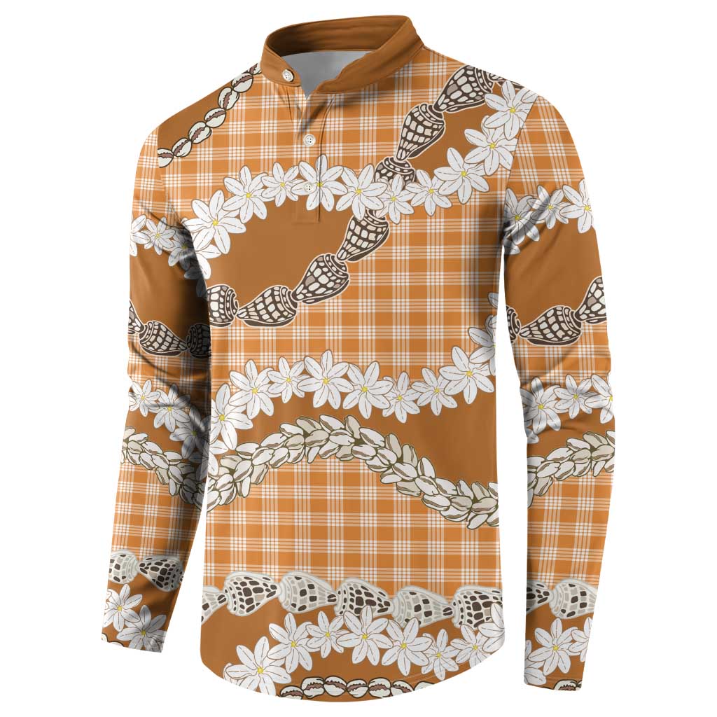 Orange Hawaii Tiare and Shell Lei Button Sweatshirt Hawaiian Palaka Luxury Vibes - Polynesian Pride