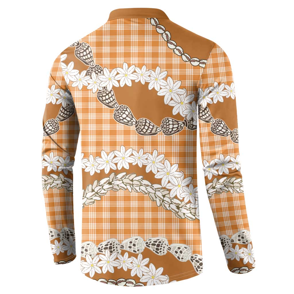 Orange Hawaii Tiare and Shell Lei Button Sweatshirt Hawaiian Palaka Luxury Vibes - Polynesian Pride