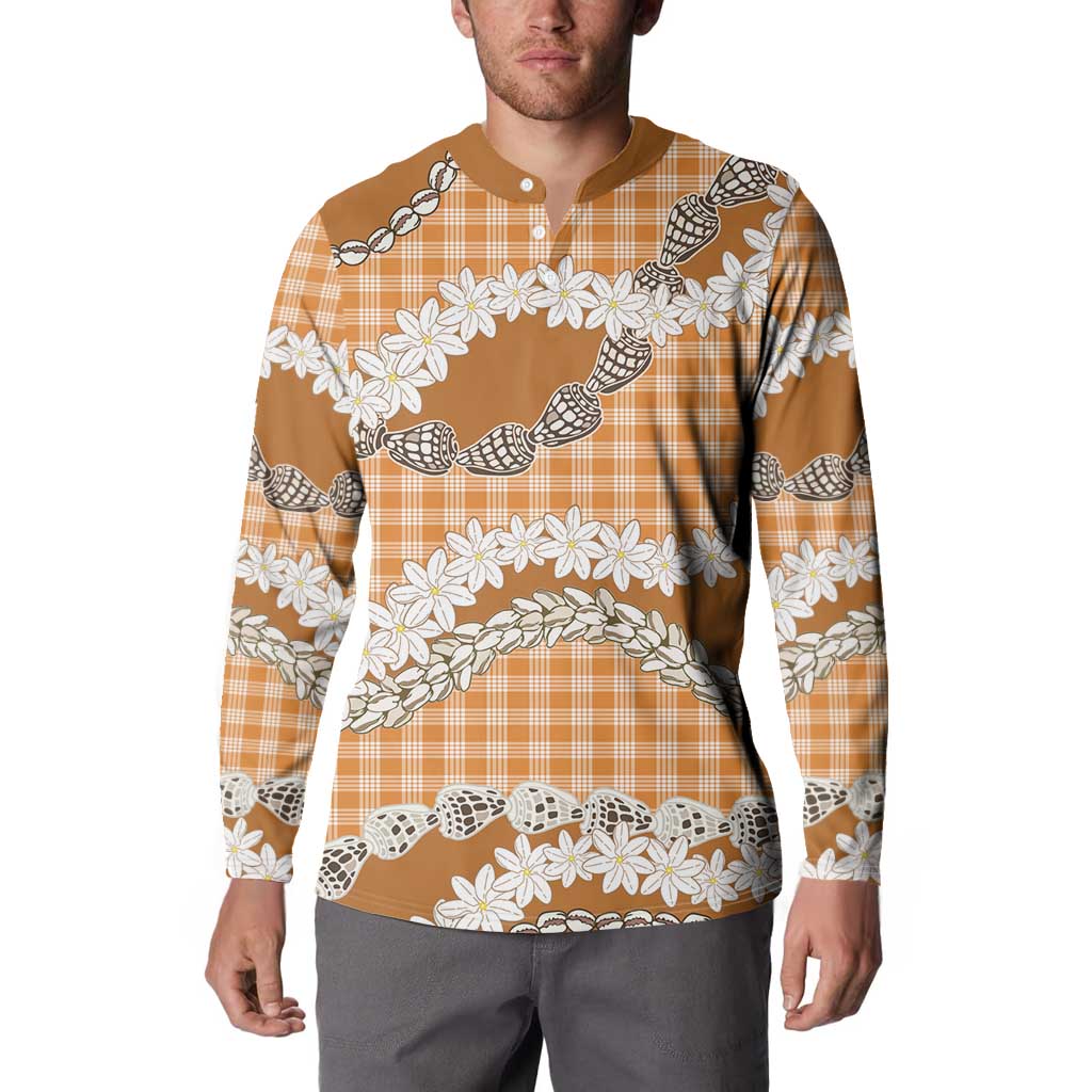 Orange Hawaii Tiare and Shell Lei Button Sweatshirt Hawaiian Palaka Luxury Vibes - Polynesian Pride