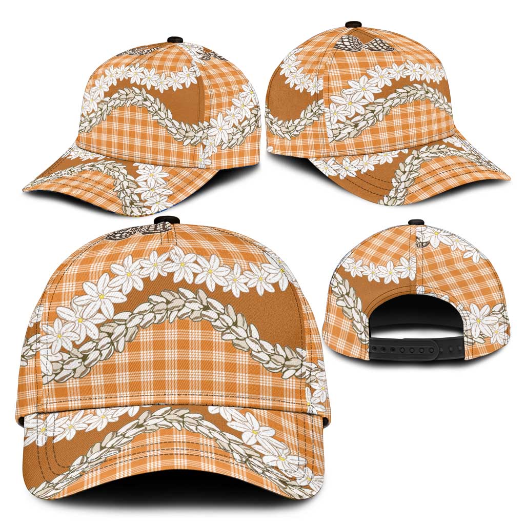 Orange Hawaii Tiare and Shell Lei Classic Cap Hawaiian Palaka Luxury Vibes - Polynesian Pride
