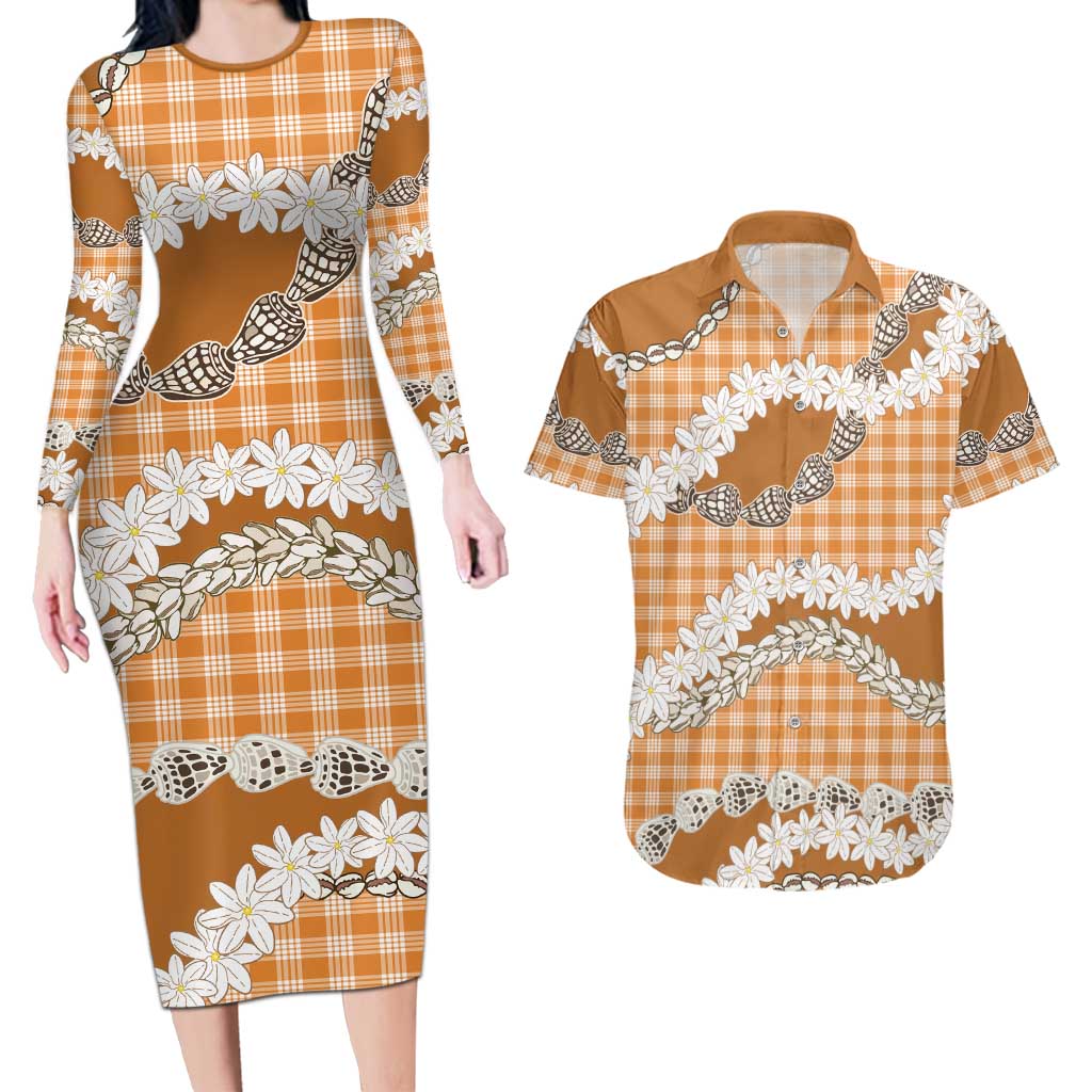 Orange Hawaii Tiare and Shell Lei Couples Matching Long Sleeve Bodycon Dress and Hawaiian Shirt Hawaiian Palaka Luxury Vibes LT14 Orange - Polynesian Pride