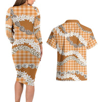 Orange Hawaii Tiare and Shell Lei Couples Matching Long Sleeve Bodycon Dress and Hawaiian Shirt Hawaiian Palaka Luxury Vibes LT14 - Polynesian Pride