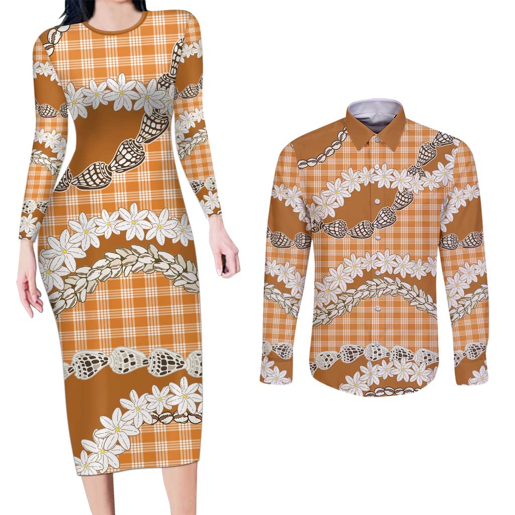 Orange Hawaii Tiare and Shell Lei Couples Matching Long Sleeve Bodycon Dress and Long Sleeve Button Shirt Hawaiian Palaka Luxury Vibes LT14 Orange - Polynesian Pride