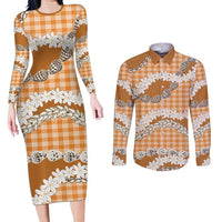 Orange Hawaii Tiare and Shell Lei Couples Matching Long Sleeve Bodycon Dress and Long Sleeve Button Shirt Hawaiian Palaka Luxury Vibes LT14 Orange - Polynesian Pride