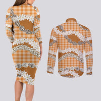 Orange Hawaii Tiare and Shell Lei Couples Matching Long Sleeve Bodycon Dress and Long Sleeve Button Shirt Hawaiian Palaka Luxury Vibes LT14 - Polynesian Pride