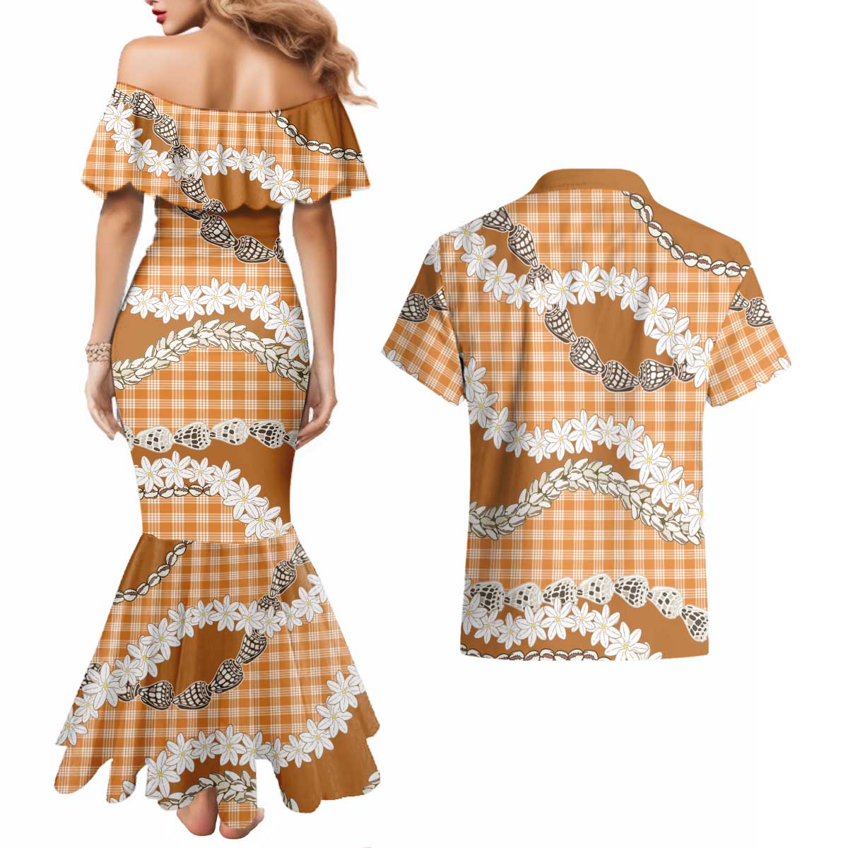 Orange Hawaii Tiare and Shell Lei Couples Matching Mermaid Dress and Hawaiian Shirt Hawaiian Palaka Luxury Vibes LT14 - Polynesian Pride