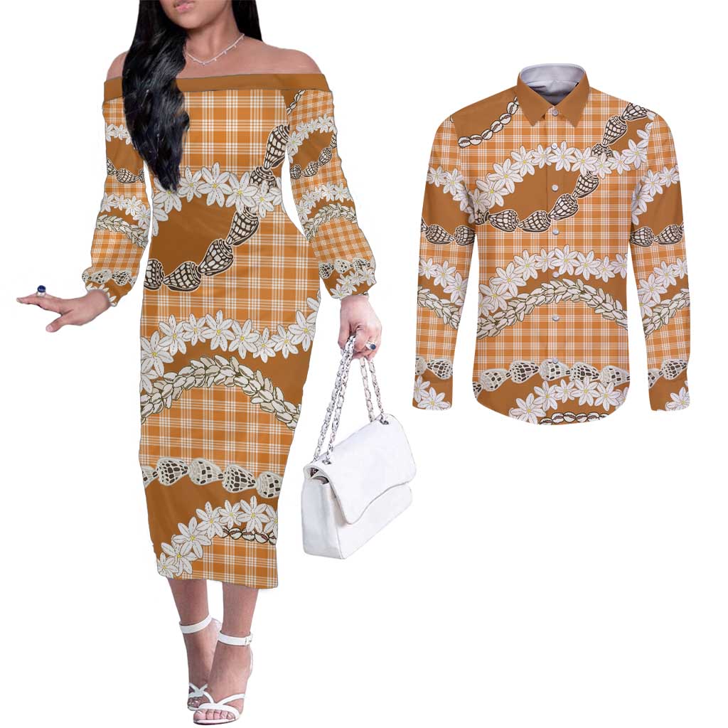 Orange Hawaii Tiare and Shell Lei Couples Matching Off The Shoulder Long Sleeve Dress and Long Sleeve Button Shirt Hawaiian Palaka Luxury Vibes LT14 Orange - Polynesian Pride