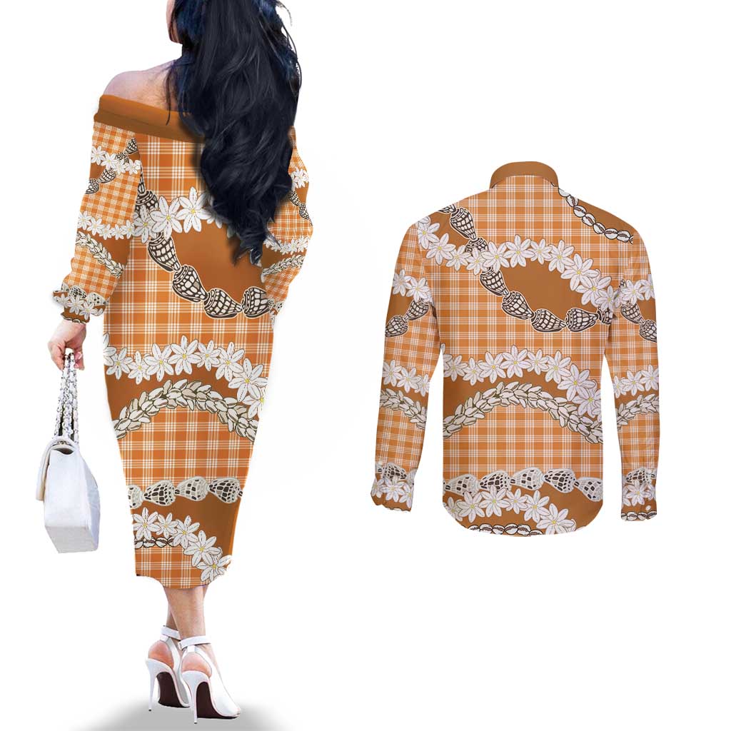 Orange Hawaii Tiare and Shell Lei Couples Matching Off The Shoulder Long Sleeve Dress and Long Sleeve Button Shirt Hawaiian Palaka Luxury Vibes LT14 - Polynesian Pride