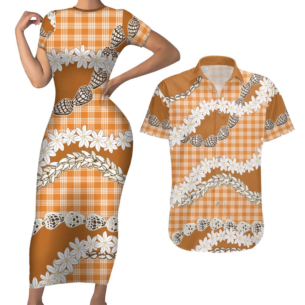 Orange Hawaii Tiare and Shell Lei Couples Matching Short Sleeve Bodycon Dress and Hawaiian Shirt Hawaiian Palaka Luxury Vibes - Polynesian Pride