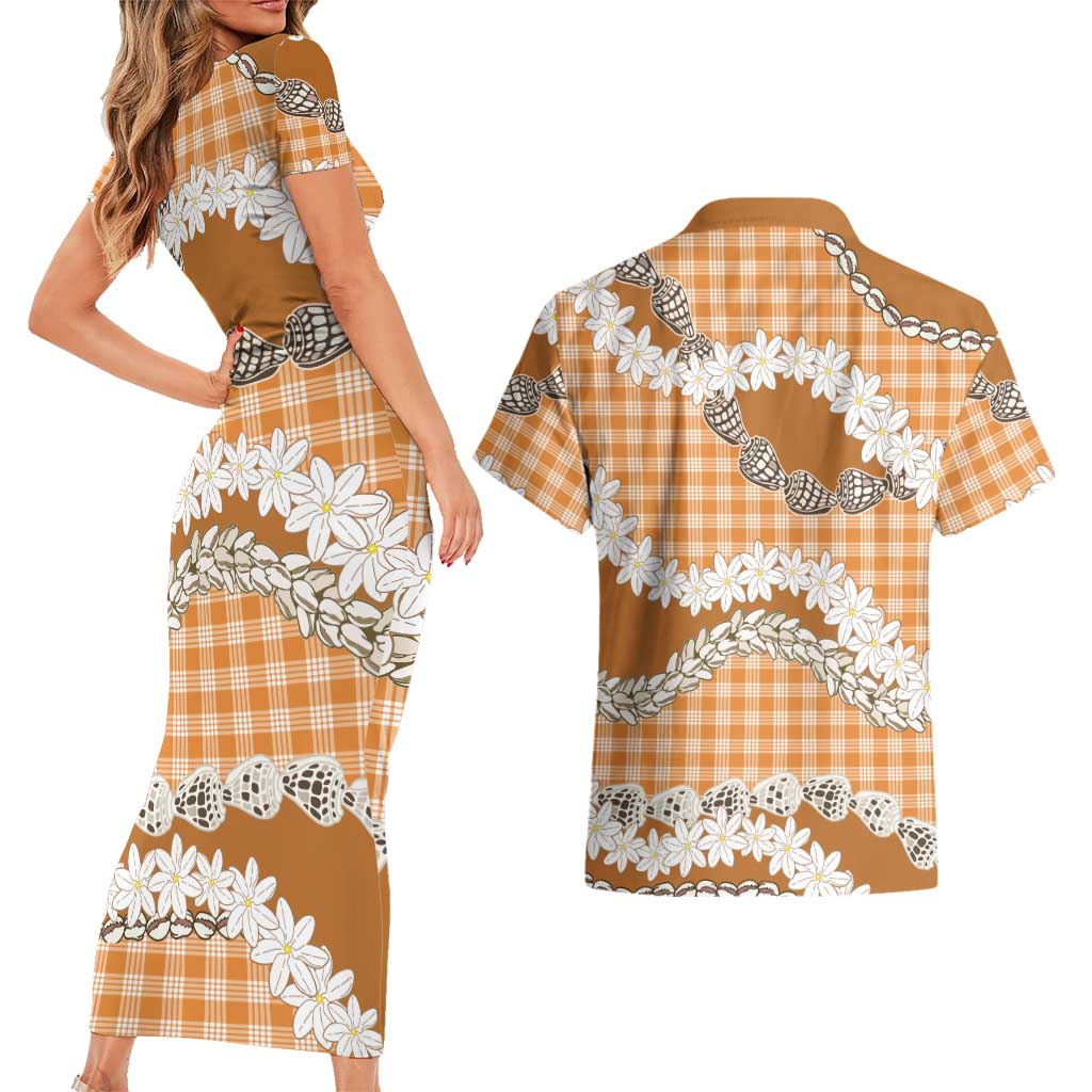 Orange Hawaii Tiare and Shell Lei Couples Matching Short Sleeve Bodycon Dress and Hawaiian Shirt Hawaiian Palaka Luxury Vibes LT14 - Polynesian Pride