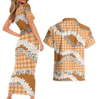 Orange Hawaii Tiare and Shell Lei Couples Matching Short Sleeve Bodycon Dress and Hawaiian Shirt Hawaiian Palaka Luxury Vibes LT14 - Polynesian Pride