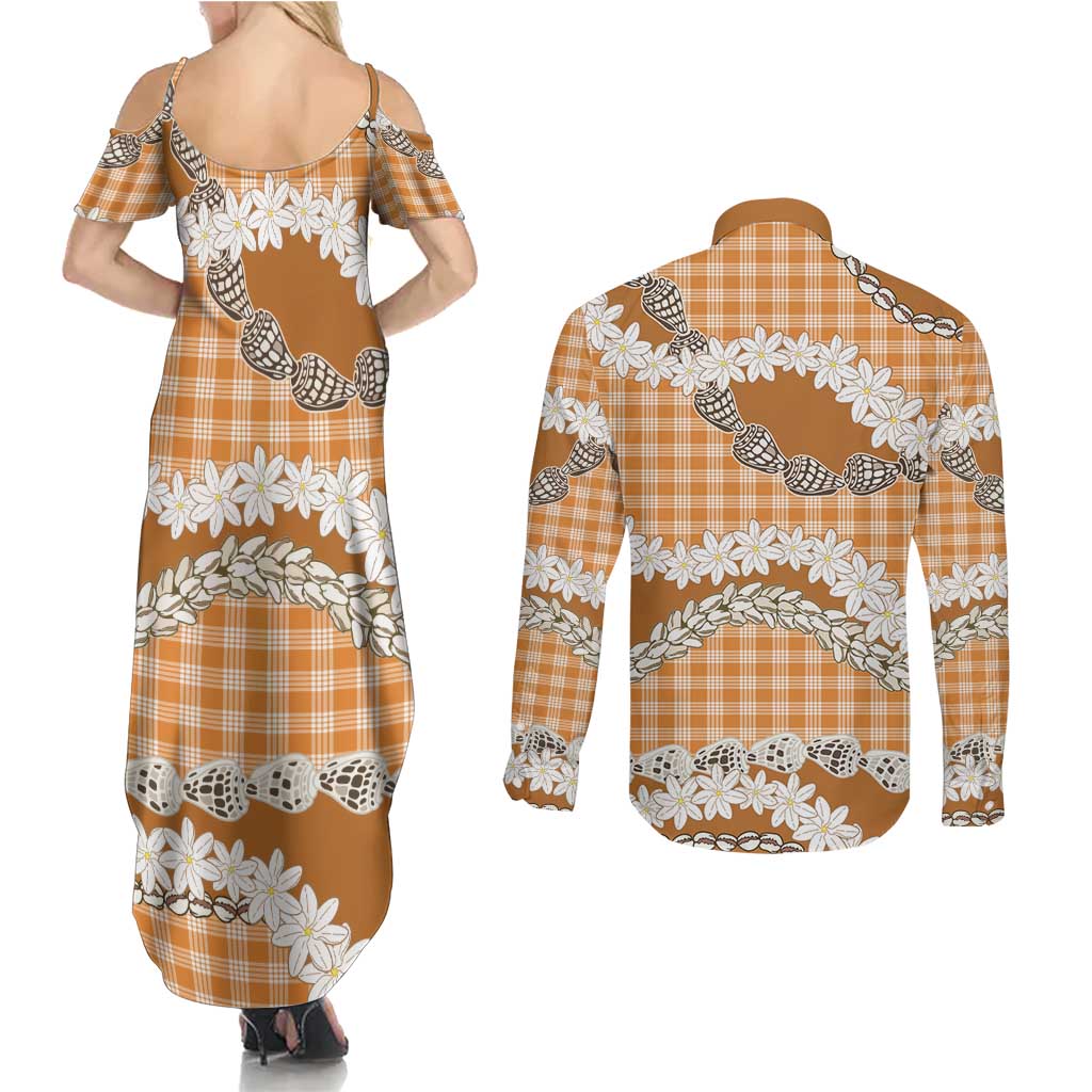 Orange Hawaii Tiare and Shell Lei Couples Matching Summer Maxi Dress and Long Sleeve Button Shirt Hawaiian Palaka Luxury Vibes - Polynesian Pride