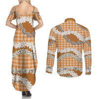 Orange Hawaii Tiare and Shell Lei Couples Matching Summer Maxi Dress and Long Sleeve Button Shirt Hawaiian Palaka Luxury Vibes - Polynesian Pride