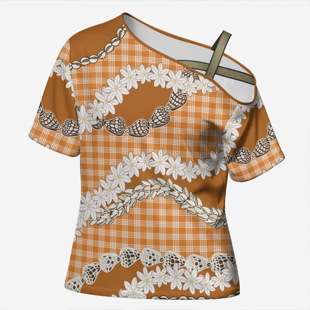 Orange Hawaii Tiare and Shell Lei Cross Shoulder Shirt Hawaiian Palaka Luxury Vibes - Polynesian Pride