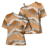 Orange Hawaii Tiare and Shell Lei Cross Shoulder Shirt Hawaiian Palaka Luxury Vibes - Polynesian Pride