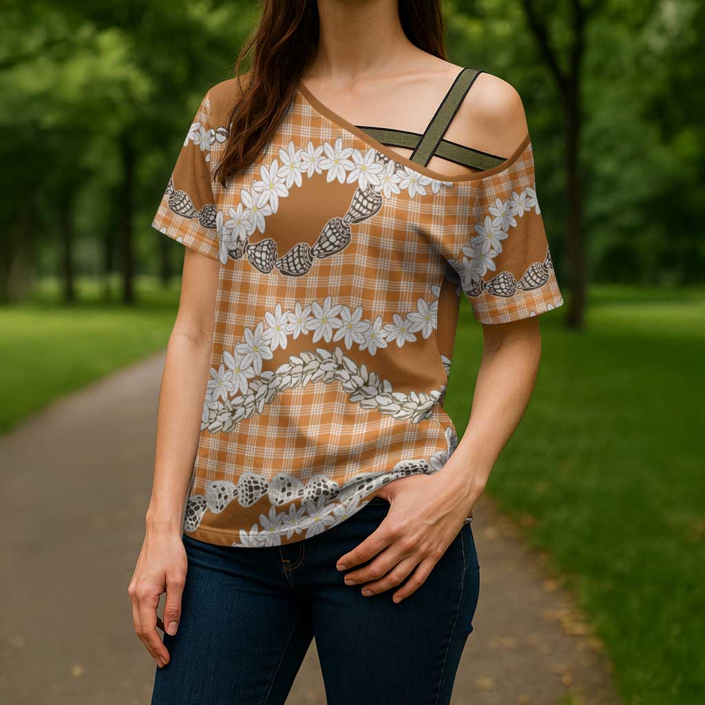 Orange Hawaii Tiare and Shell Lei Cross Shoulder Shirt Hawaiian Palaka Luxury Vibes - Polynesian Pride