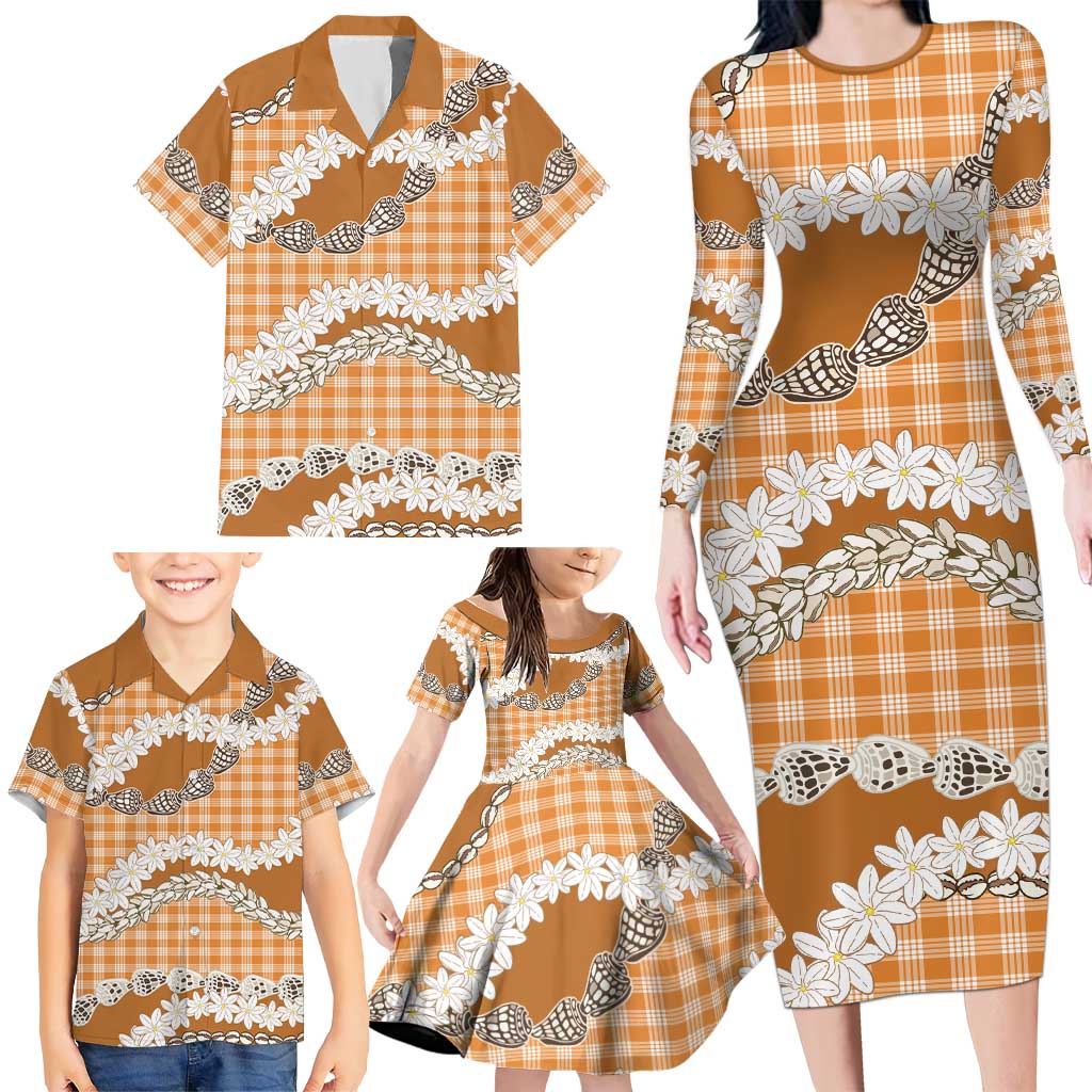 Orange Hawaii Tiare and Shell Lei Family Matching Long Sleeve Bodycon Dress and Hawaiian Shirt Hawaiian Palaka Luxury Vibes - Polynesian Pride