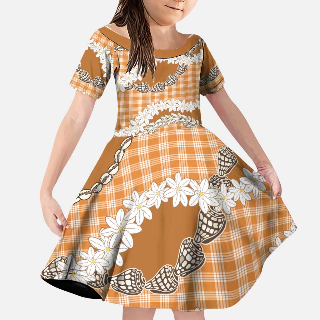 Orange Hawaii Tiare and Shell Lei Family Matching Off The Shoulder Long Sleeve Dress and Hawaiian Shirt Hawaiian Palaka Luxury Vibes LT14 Daughter's Dress Orange - Polynesian Pride
