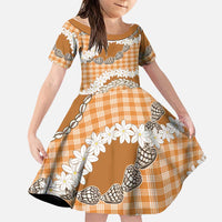 Orange Hawaii Tiare and Shell Lei Family Matching Off The Shoulder Long Sleeve Dress and Hawaiian Shirt Hawaiian Palaka Luxury Vibes LT14 Daughter's Dress Orange - Polynesian Pride