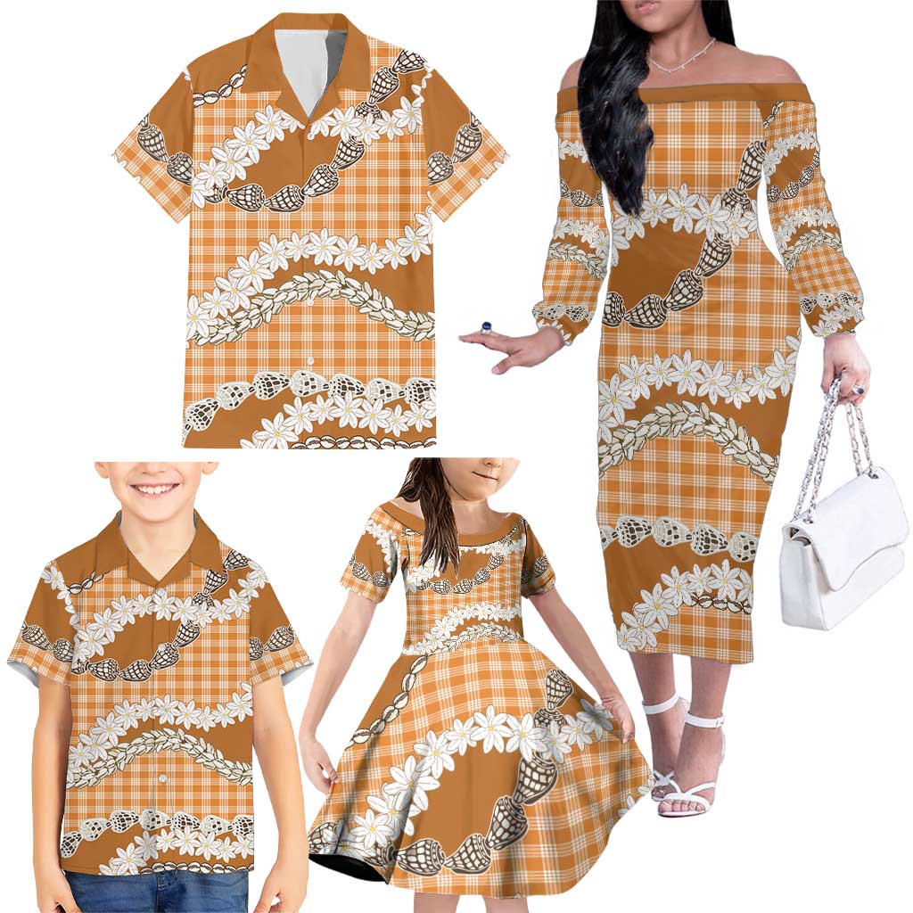 Orange Hawaii Tiare and Shell Lei Family Matching Off The Shoulder Long Sleeve Dress and Hawaiian Shirt Hawaiian Palaka Luxury Vibes - Polynesian Pride