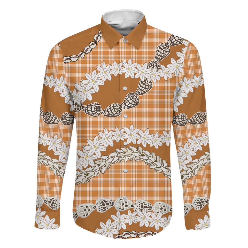 Orange Hawaii Tiare and Shell Lei Family Matching Off Shoulder Short Dress and Hawaiian Shirt Hawaiian Palaka Luxury Vibes LT14 Dad's Shirt - Long Sleeve Orange - Polynesian Pride