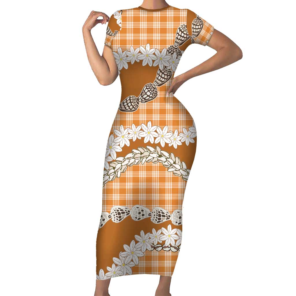 Orange Hawaii Tiare and Shell Lei Family Matching Short Sleeve Bodycon Dress and Hawaiian Shirt Hawaiian Palaka Luxury Vibes LT14 Mom's Dress Orange - Polynesian Pride
