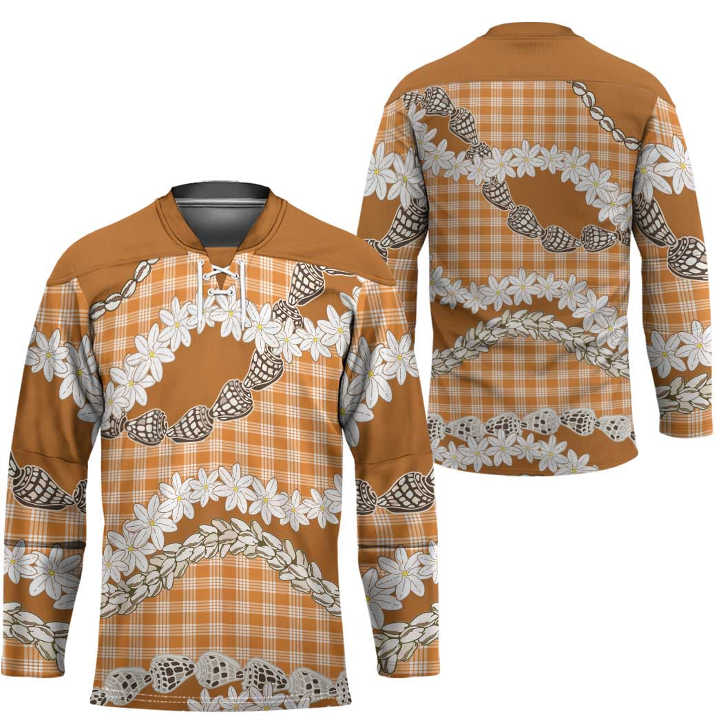 Orange Hawaii Tiare and Shell Lei Hockey Jersey Hawaiian Palaka Luxury Vibes - Polynesian Pride