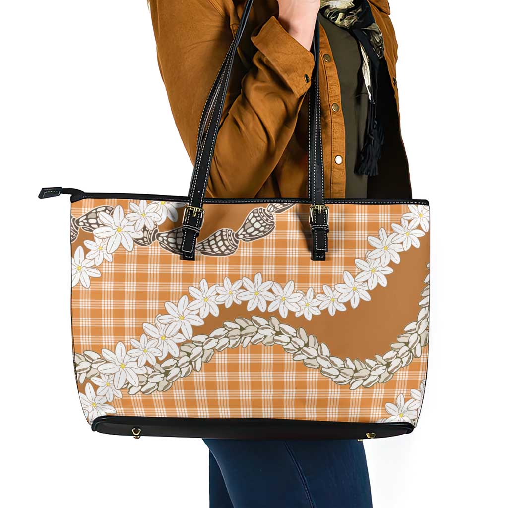 Orange Hawaii Tiare and Shell Lei Leather Tote Bag Hawaiian Palaka Luxury Vibes - Polynesian Pride
