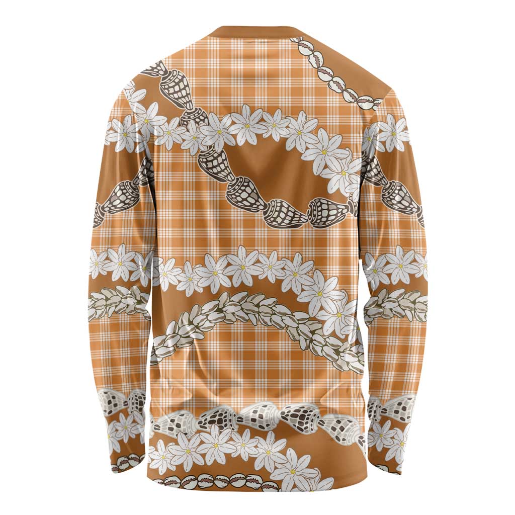 Orange Hawaii Tiare and Shell Lei Long Sleeve Shirt Hawaiian Palaka Luxury Vibes - Polynesian Pride