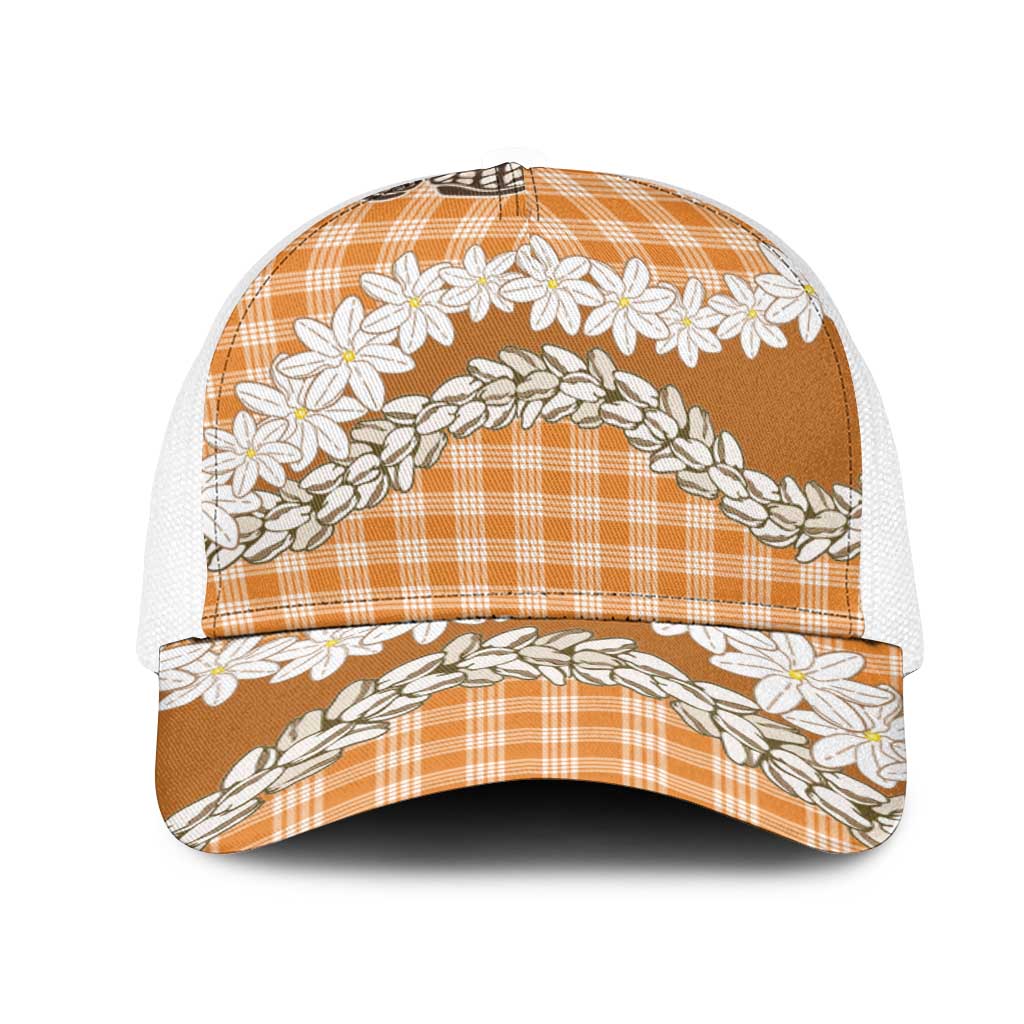 Orange Hawaii Tiare and Shell Lei Mesh Trucker Cap Hawaiian Palaka Luxury Vibes - Polynesian Pride