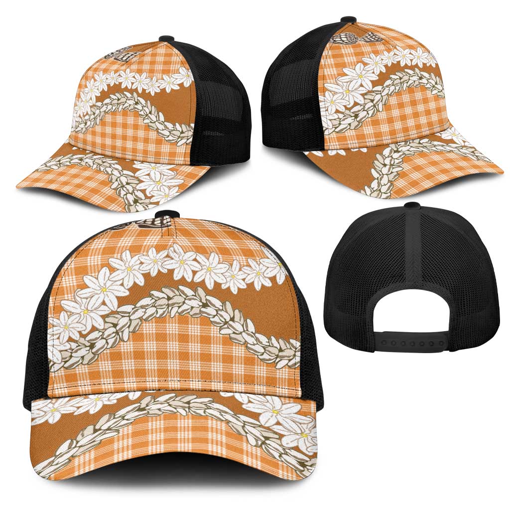 Orange Hawaii Tiare and Shell Lei Mesh Trucker Cap Hawaiian Palaka Luxury Vibes - Polynesian Pride