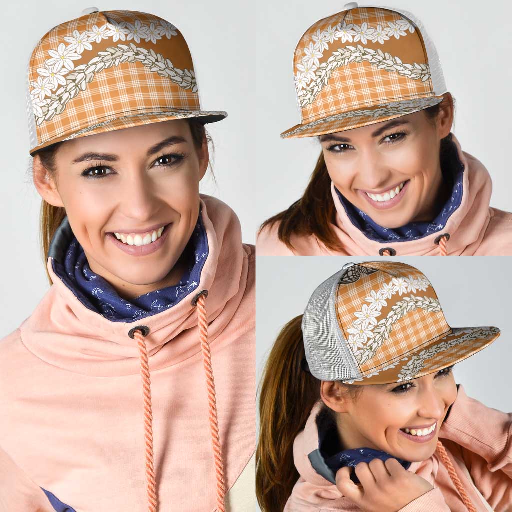 Orange Hawaii Tiare and Shell Lei Mesh Trucker Cap Hawaiian Palaka Luxury Vibes - Polynesian Pride
