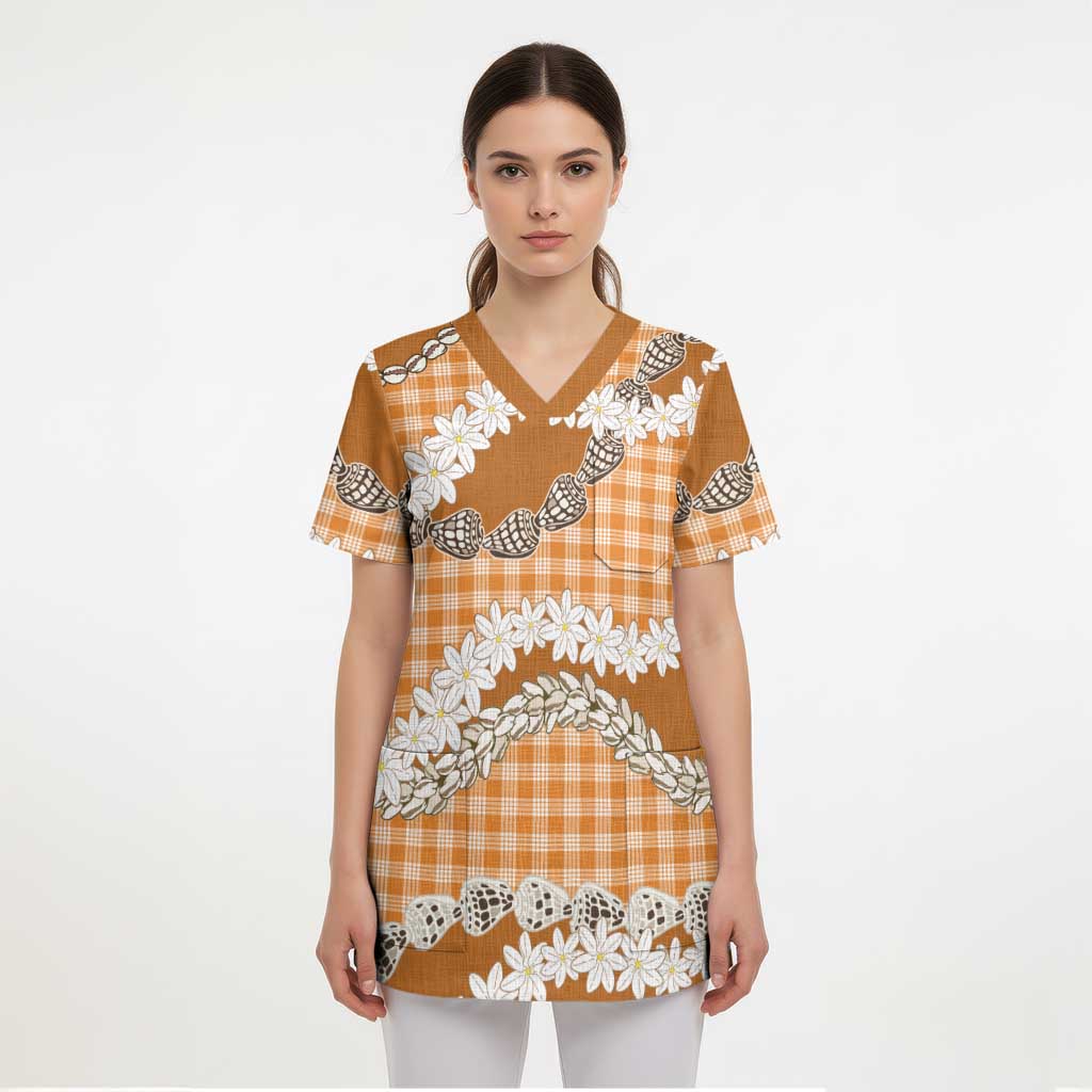 Orange Hawaii Tiare and Shell Lei Scrub Top Hawaiian Palaka Luxury Vibes - Polynesian Pride