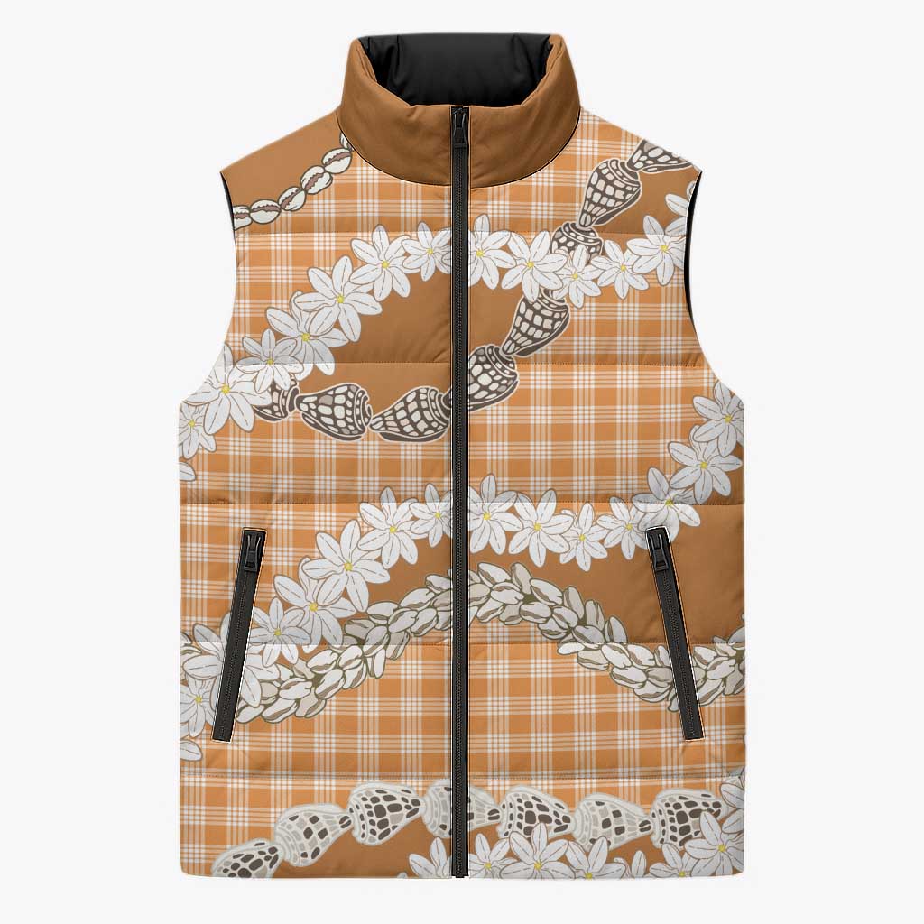 Orange Hawaii Tiare and Shell Lei Sleeveless Puffer Jacket Hawaiian Palaka Luxury Vibes - Polynesian Pride