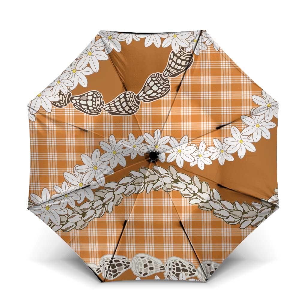 Orange Hawaii Tiare and Shell Lei Umbrella Hawaiian Palaka Luxury Vibes - Polynesian Pride
