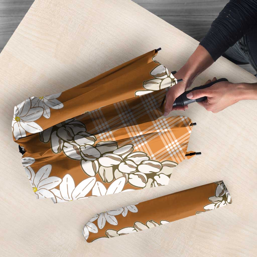 Orange Hawaii Tiare and Shell Lei Umbrella Hawaiian Palaka Luxury Vibes - Polynesian Pride