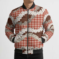 Red Hawaii Tiare and Shell Lei Bomber Puffer Jacket Hawaiian Palaka Luxury Vibes - Polynesian Pride