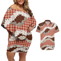 Red Hawaii Tiare and Shell Lei Couples Matching Off Shoulder Short Dress and Hawaiian Shirt Hawaiian Palaka Luxury Vibes - Polynesian Pride